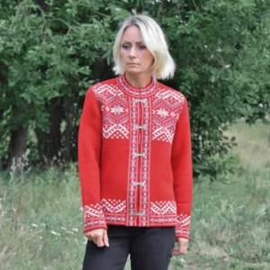 Short Red Cardigan with Traditional Nordic pattern