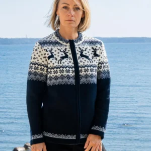 Navy Wool Cardigan with Fair Isle Pattern, Traditional Nordic Sweater for Women, Reindeer Icelandic Jumper, Zip-Up Wool Knit