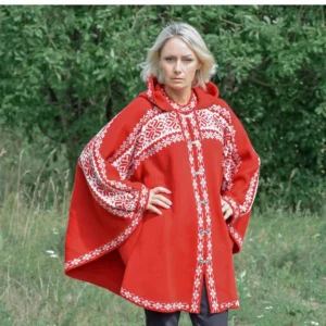 Red Woolen poncho with Fair Isle pattern Nordic cape on the Norwegian clasps for Women