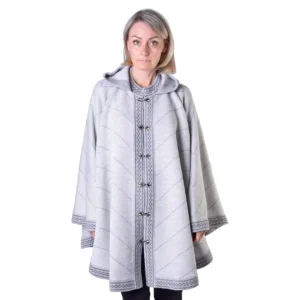Gray Woolen poncho with Stripes Nordic Icelandic hooded cape on the Norwegian clasps