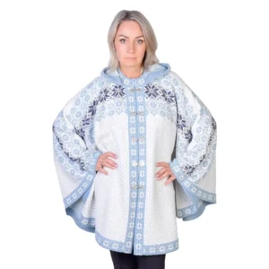 White Woolen poncho with Blue Fair Isle pattern Hooded Nordic Icelandic cape on the Norwegian clasps for Women