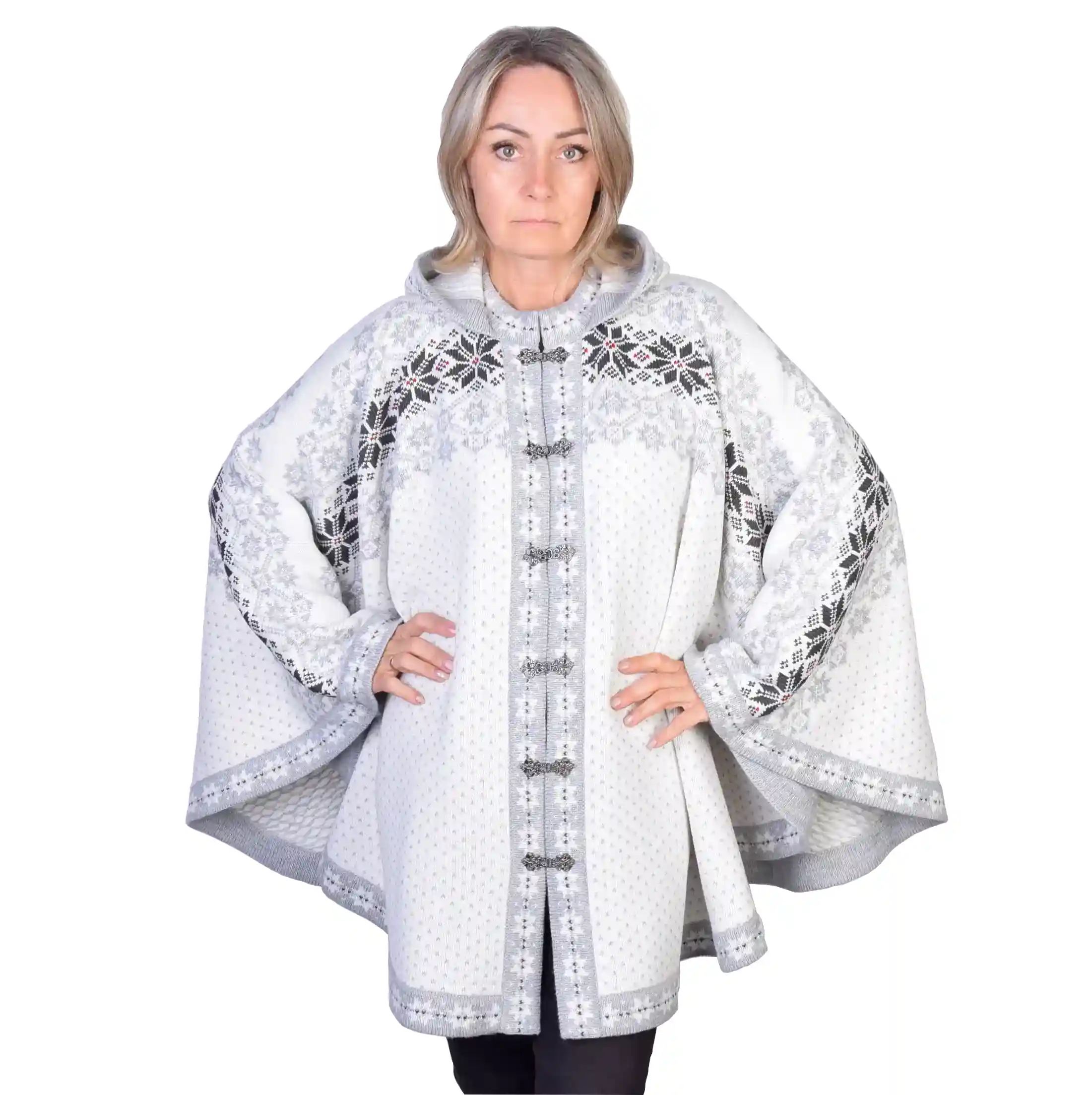 White Woolen poncho with Gray Fair Isle pattern Hooded Nordic Icelandic cape on the Norwegian clasps for Women