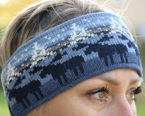 Men & Women Headband Blue Nordic Woolen Head bandage with fair isle Icelandic pattern Jacquard Ear warmer for skiing with reindeer - Image 2