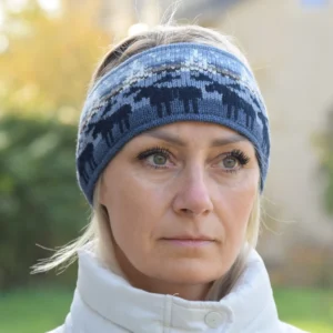 Men & Women Headband Blue Nordic Woolen Head bandage with fair isle Icelandic pattern Jacquard Ear warmer for skiing with reindeer