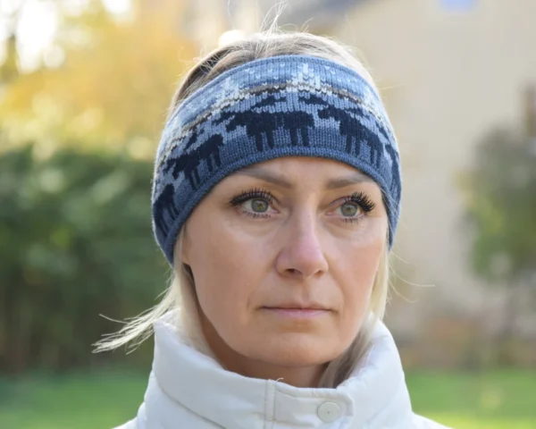 Men & Women Headband Blue Nordic Woolen Head bandage with fair isle Icelandic pattern Jacquard Ear warmer for skiing with reindeer