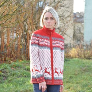 Red Woolen cardigan with Fair Isle patterns  with reindeer