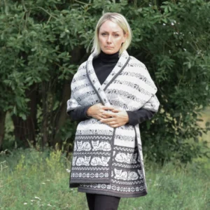Gray Woolen Wrap with Cats Nordic Shawl Scandinavian jacquard pattern