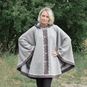 Light Gray Woolen poncho with Red Fair Isle pattern Nordic Icelandic cape for cold days on the Norwegian clasps