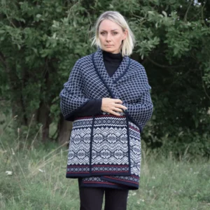 Woolen Jacquard Wrap Warm Shawl Navy Nordic Fair Isle pattern cape for everyday wearing