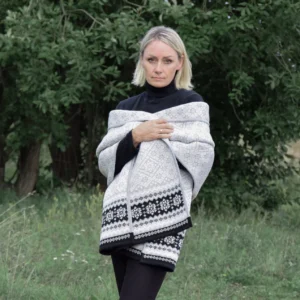 Beautiful Woolen Jacquard Wrap Warm Gray Shawl Nordic Fair Isle pattern cape