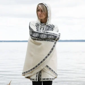 White Woolen poncho with Black Fair Isle flower pattern Nordic cape on the Norwegian clasps for Women