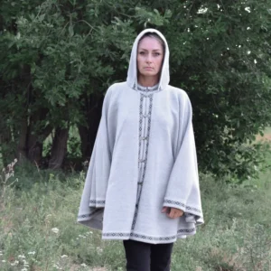 Light Gray Woolen poncho with Fair Isle pattern Nordic Icelandic cape on the Norwegian clasps