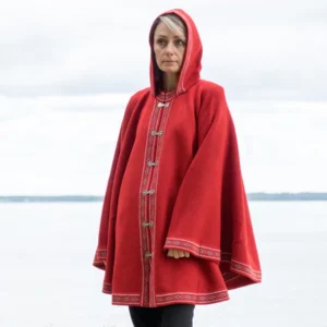 Red Woolen poncho with Fair Isle pattern Plain Nordic Icelandic cape on the Norwegian clasps