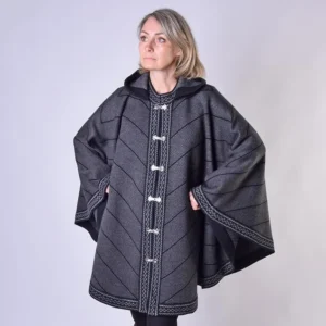 Dark Gray Woolen poncho with Stripes Nordic Icelandic hooded cape on the Norwegian clasps