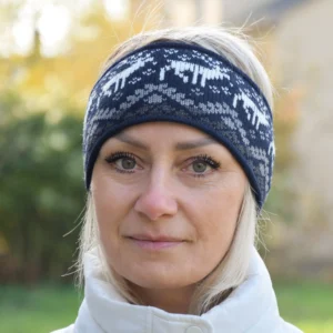 Men & Women  Navy Jacquard Headband warmer for skiing with reindeer Woollana