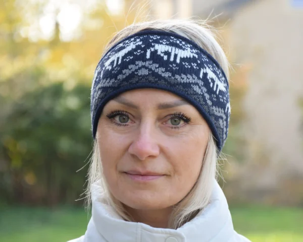 Men & Women  Navy Jacquard Headband warmer for skiing with reindeer Woollana
