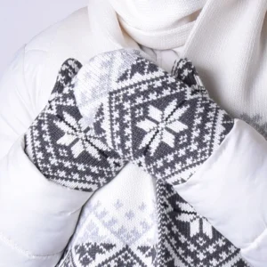 Grey Nordic woolen Mittens fleece-lined   with Fair Isle pattern