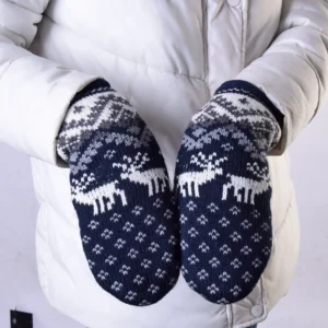 Knitted Navy Mittens fleece-lined  with White Fair Isle pattern and reindeer Traditional Jacquard gloves