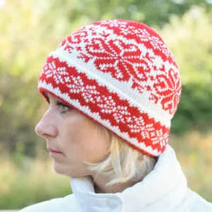 Red Christmas beanie Cuffed winter hat with Nordic Fait Isle pattern