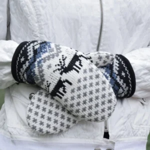 Beautiful Black & White fleece-lined Nordic woolen Mittens with Scandinavian Fair Isle pattern