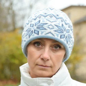 Light Blue  Cuffed winter hat with Nordic Fait Isle pattern