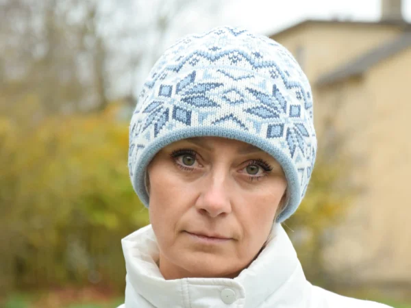 Light Blue  Cuffed winter hat with Nordic Fait Isle pattern