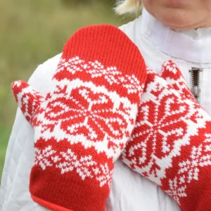 Red Knitted Mittens fleece-lined Nordic woolen Mittens with Fair Isle pattern