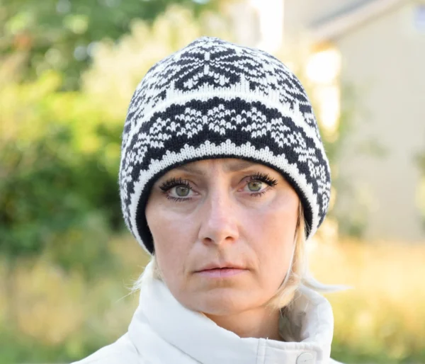 Black & White Cuffed winter hat with Nordic Fait Isle pattern - Image 2