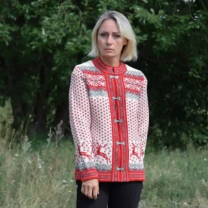 Beautiful red Cardigan with Nordic pattern on the frog closures with reindeer
