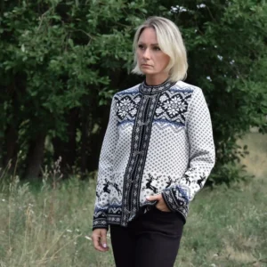 Beautiful Black & White Cardigan with Nordic pattern on the frog closures with reindeer
