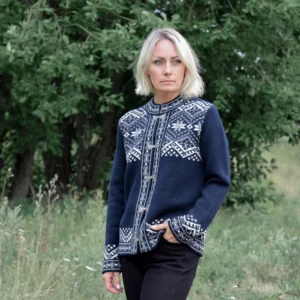 Short Navy Cardigan with Traditional Nordic pattern