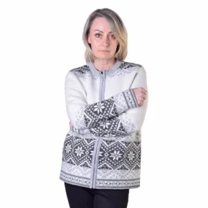 White & Gray Cardigan with Traditional Nordic pattern on the zipper