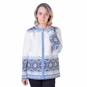 White & Blue Cardigan with Traditional Nordic pattern on the zipper