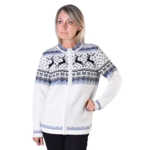 White & Blue Cardigan with Traditional Nordic pattern with reindeer on the zipper