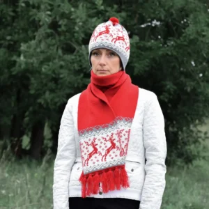 Traditional Scandinavian Red Woolen Scarf with Fair isle Nordic Icelandic pattern
