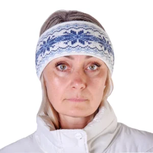 White Jacquard Headband warmer for skiing with reindeer Woollana