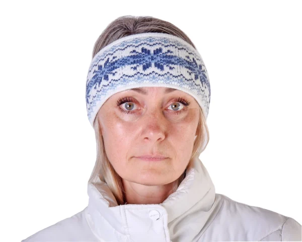 White Jacquard Headband warmer for skiing with reindeer Woollana