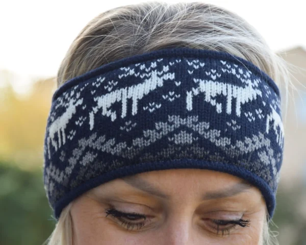 Men & Women  Navy Jacquard Headband warmer for skiing with reindeer Woollana - Image 2