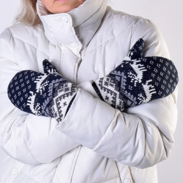 Knitted Navy Mittens fleece-lined  with White Fair Isle pattern and reindeer Traditional Jacquard gloves - Image 2
