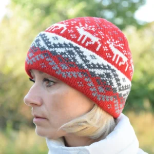 Red   Cuffed winter hat with Nordic Fait Isle pattern