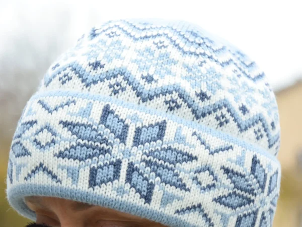 Light Blue  Cuffed winter hat with Nordic Fait Isle pattern - Image 2