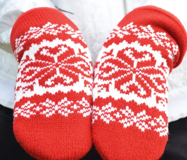 Red Knitted Mittens fleece-lined Nordic woolen Mittens with Fair Isle pattern - Image 2