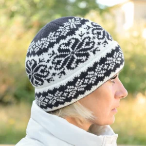 Black & White Cuffed winter hat with Nordic Fait Isle pattern