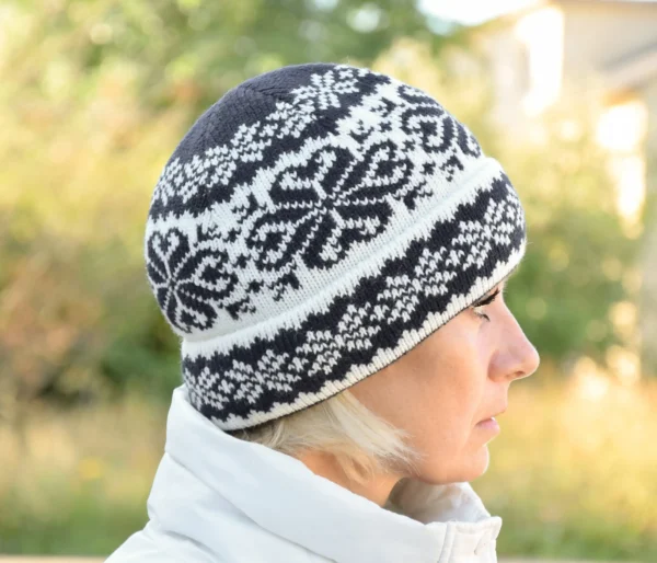 Black & White Cuffed winter hat with Nordic Fait Isle pattern