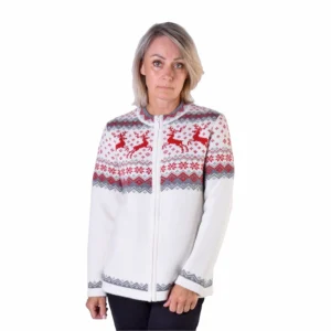 White & Red Cardigan with Traditional Nordic pattern with reindeer on the zipper