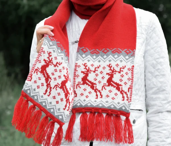 Traditional Scandinavian Red Woolen Scarf with Fair isle Nordic Icelandic pattern - Image 2