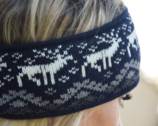 Men & Women  Navy Jacquard Headband warmer for skiing with reindeer Woollana - Image 3