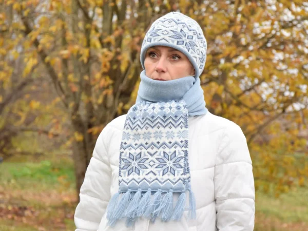 Light Blue  Cuffed winter hat with Nordic Fait Isle pattern - Image 3