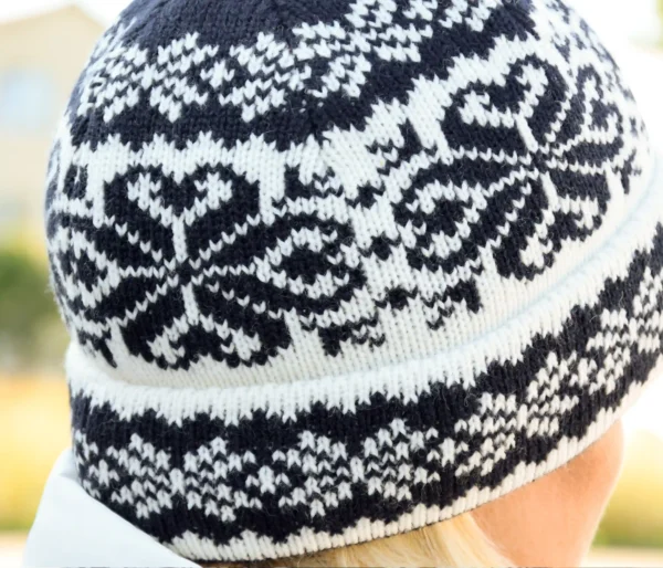 Black & White Cuffed winter hat with Nordic Fait Isle pattern - Image 3