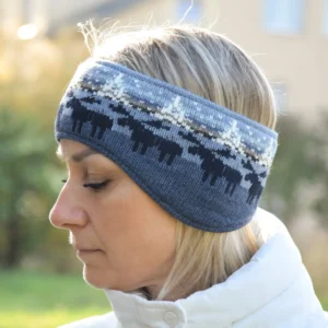 Blue Jacquard Headband with ears warmer with reindeer  Woollana
